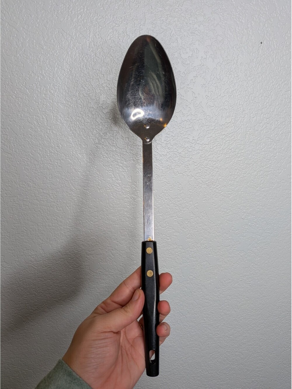 Vintage Stainless Steel Serving Spoon Black Handle Brass Rivets Kitchen Utensil